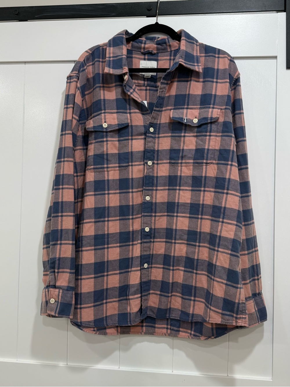 American Eagle Outfitters Navy and Pink Plaid Button-Up Shirt
